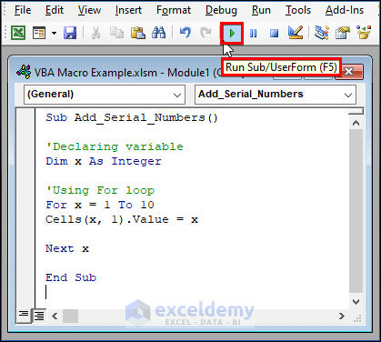 Adding Serial Number for creating VBA Example in Excel