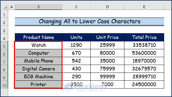 Changing All to Lower Case Characters for Creating VBA Macro Example in Excel