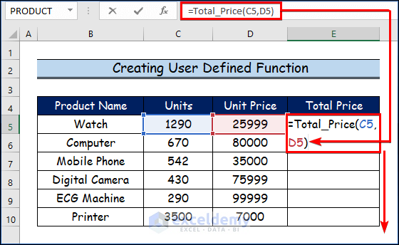 Creating User Defined Function for Creating VBA Macro Example in Excel