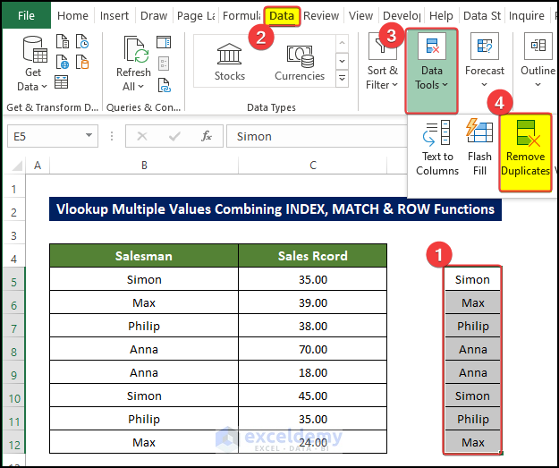 using vlookup function to remove duplicates to return multiple values in drop down list