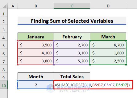 Insert Excel CHOOSE Function to Find Sum of Selected Variables