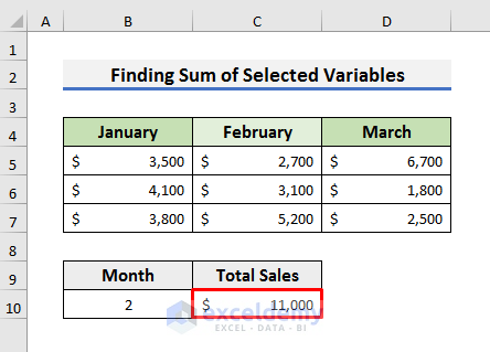 Insert Excel CHOOSE Function to Find Sum of Selected Variables