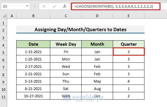 Assign Day/Month/Quarters to Dates Using Excel CHOOSE Function