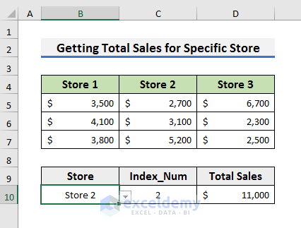 Get Total Sales for Specific Store with Excel CHOOSE Function
