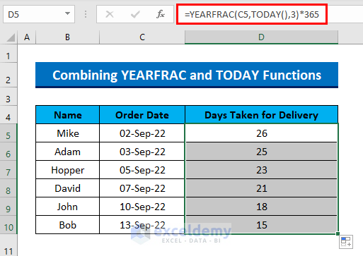 Combining YEARFRAC & TODAY Function to Calculate Days in Excel