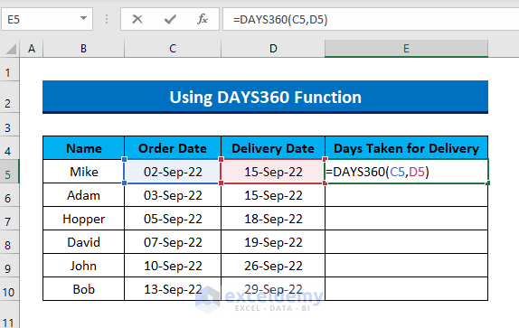 DAYS360 function to calculate days with Aging Formula in Excel