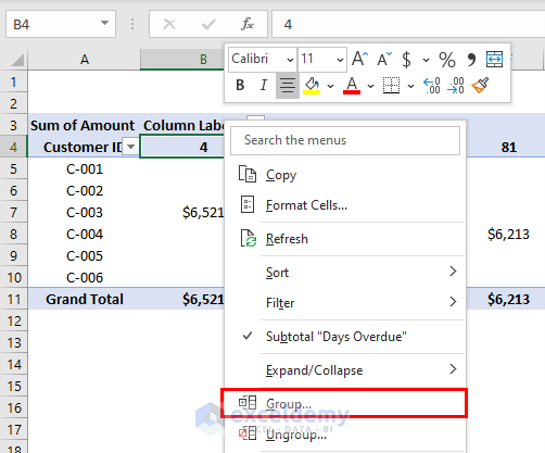 PivotTable to calculate aging of accounts receivable in excel