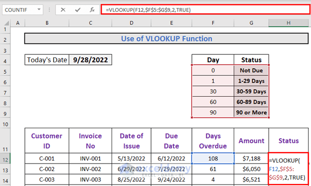 VLOOKUP Function to calculate aging of accounts receivable in excel