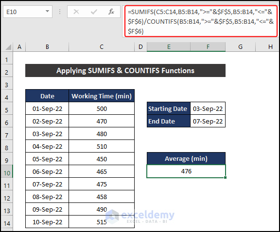 Applying SUMIFS and COUNTIFS Functions to Find Average If Values Lie Between Two Numbers