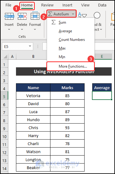 Insert Formula from AutoSum Command to Find Average If Values Lie Between Two Numbers