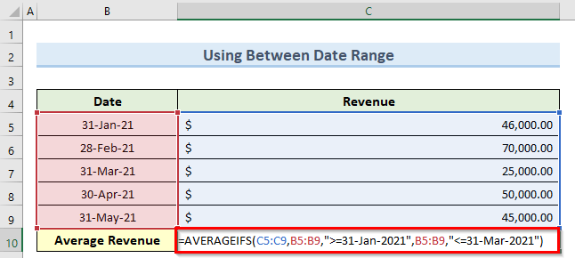 date range to use AVERAGEIFS between two values in excel
