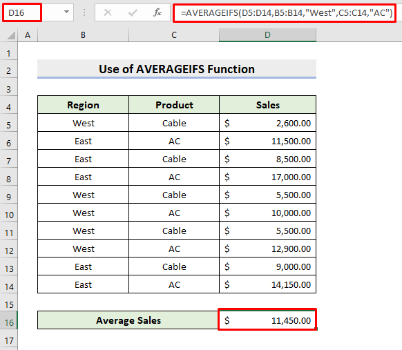 Find Average Sales from Multiple Criteria in Different Columns with AVERAGEIFS