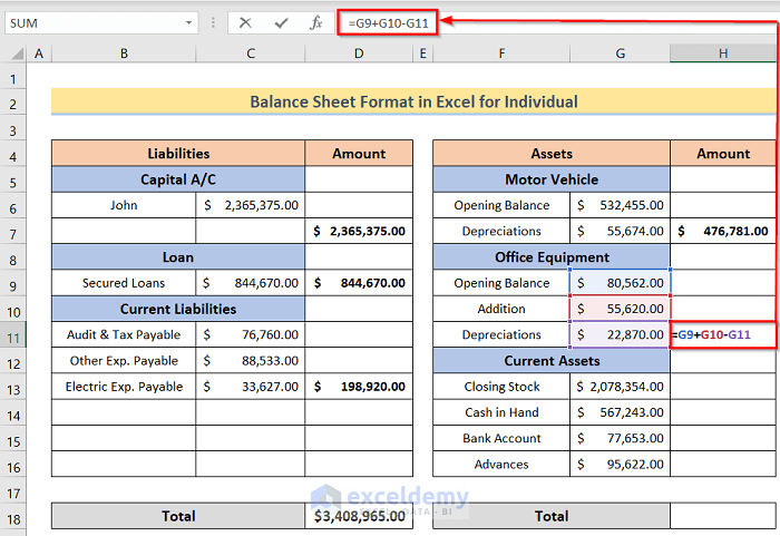 Inserting Formula to Make Balance Sheet Format in Excel for Individual