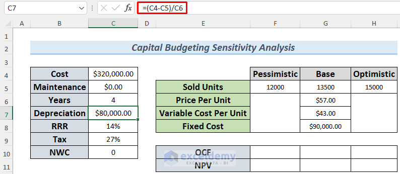 capital budgeting sensitivity analysis in excel step 2