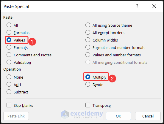 Choosing suitable options for using the paste special option