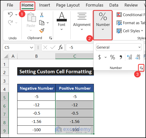 Launching format cell option for changing negative to positive