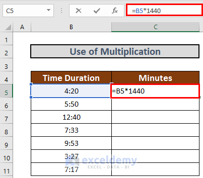 Multiply to convert hours and minutes to minutes in excel
