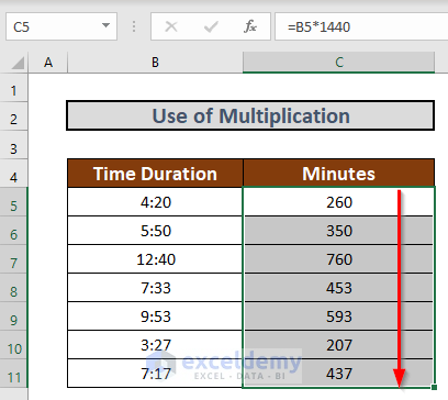 Multiply to convert hours and minutes to minutes in excel
