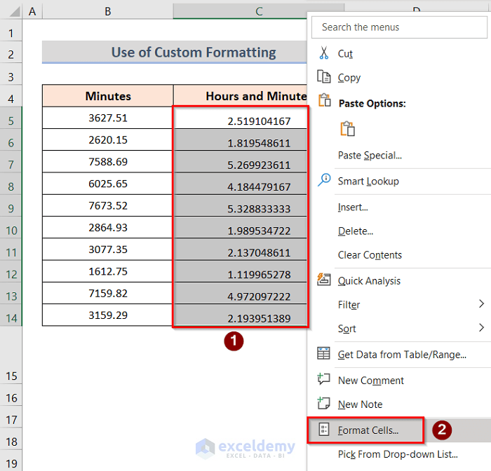 Format Cells to convert minutes to hours and minutes in excel