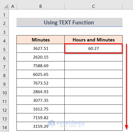 Using Fill Handle to convert minutes to hours and minutes in excel