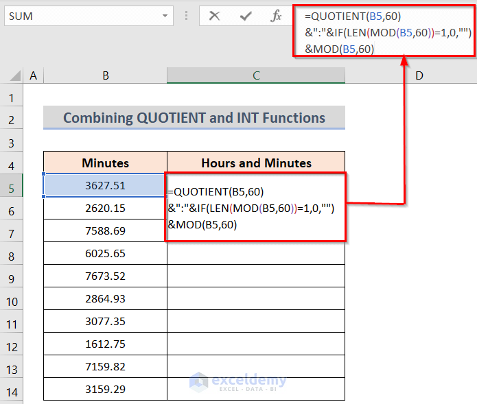 Inserting Formula to convert minutes to hours and minutes in excel