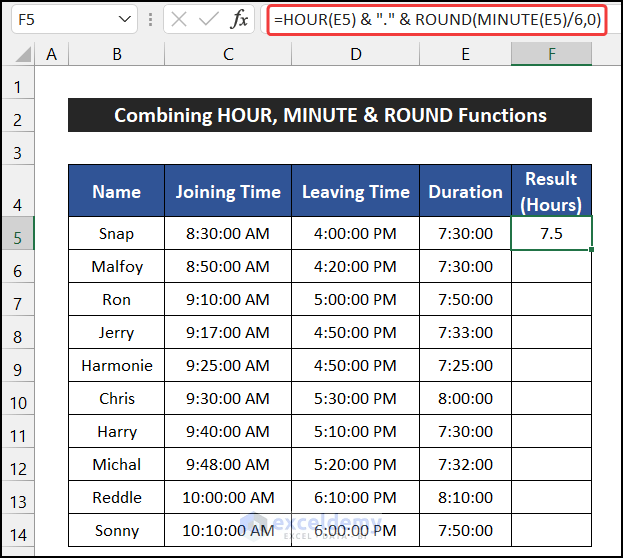 Combining HOUR, MINUTE and ROUND Functions to Change Minutes to Tenths