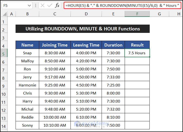 Utilizing ROUNDDOWN, MINUTE and HOUR Functions to Transform Minutes to Tenths