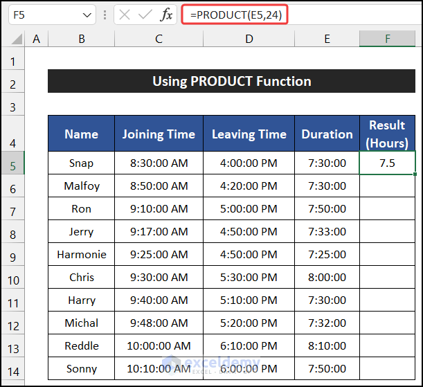 Using PRODUCT Function to Convert Minutes