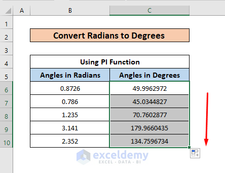 radians to degrees result in excel