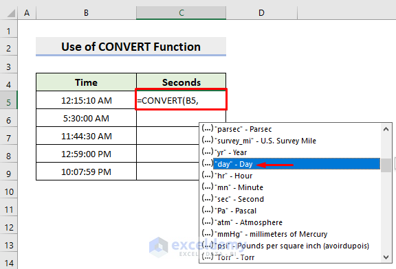 Insert Excel CONVERT Function to Transform Time to Seconds