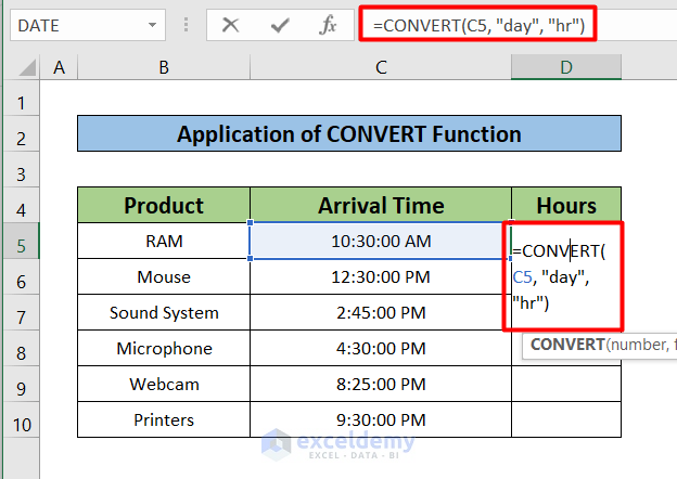 CONVERT Function to convert time to hours in Excel 
