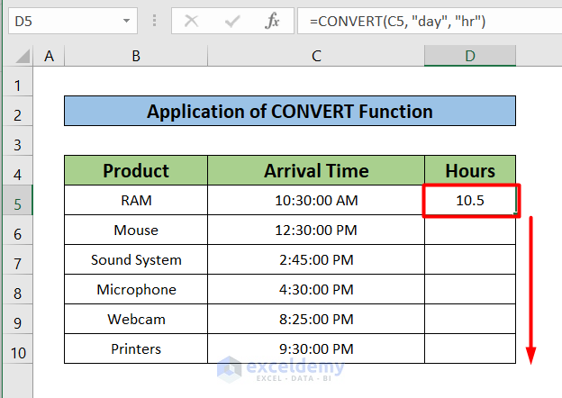 CONVERT Function to convert time to hours in Excel 