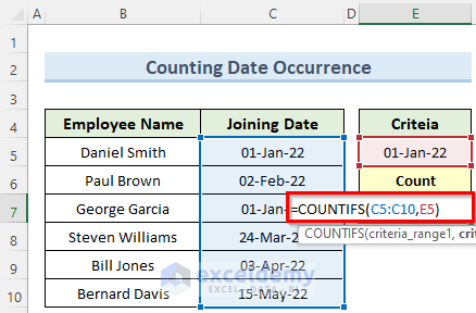 countifs for counting date occurrence with date range and text criteria