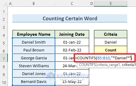 counting word using countifs with date range and text