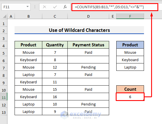 How to Use COUNTIFS Function with Wildcard Characters in Excel