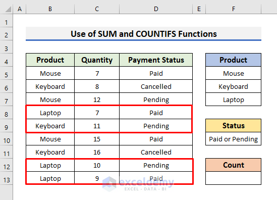 Use Excel SUM and COUNTIFS Functions with Multiple Criteria and OR Logic