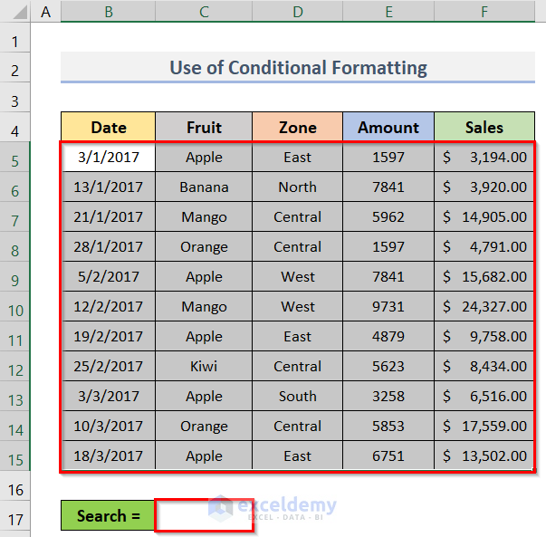 Apply Excel Conditional Formatting to Create a Search Box Without VBA