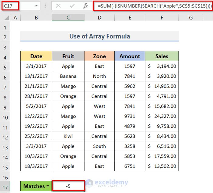 How to Find Number of Search Matches Using Array Formula in Excel
