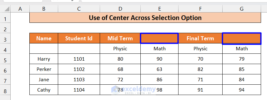 Use of Center Across Selection Option to Merge Cell While Creating a Table