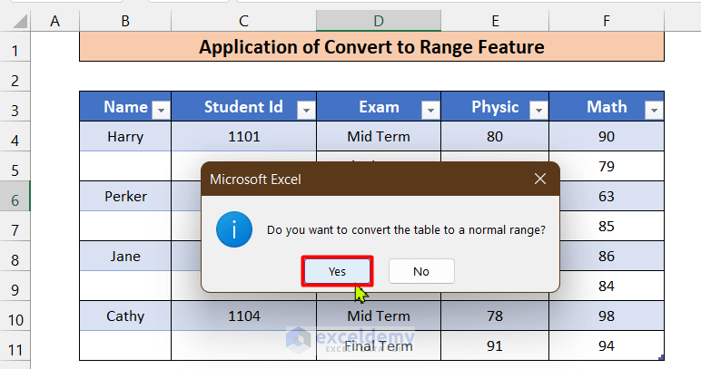 Application of Convert to Range Feature to Generate a Table with Merged Cells