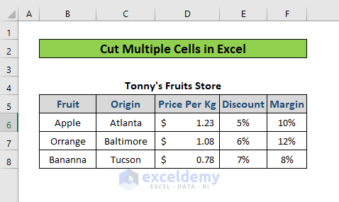 cut multiple cells in Excel