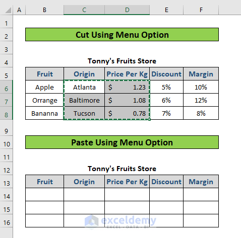 select to cut multiple cells
