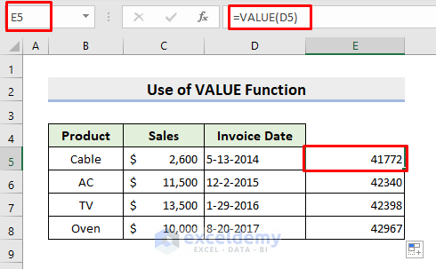 Insert VALUE Function to Align Date in Excel