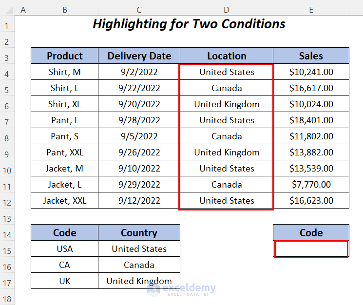 applying Excel AND function in conditional formatting for two different conditions