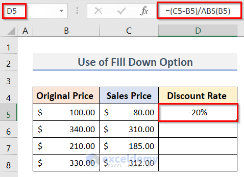 Use Fill Down Option in Excel for Copying Formula to Entire Column
