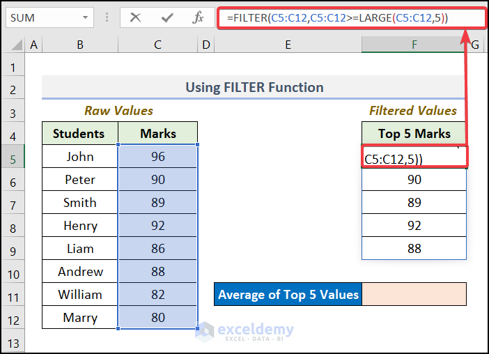 Using Filter Function to average top 5 values in Excel