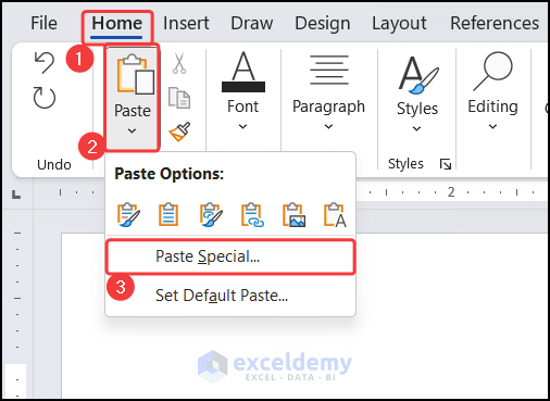 Choosing Paste Special option to paste data in Word