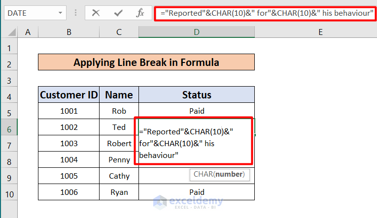 Applying Line Break to Use Excel CHAR 10 Function