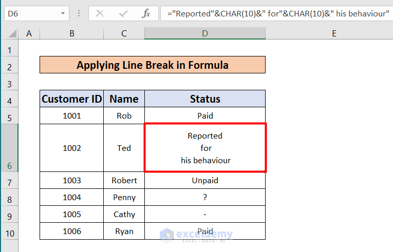 Applying Line Break to Use Excel CHAR 10 Function