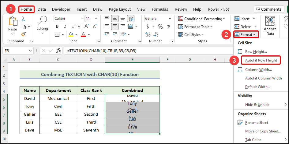 click on Format option to fix the problem with the CHAR(10) function not working in Excel